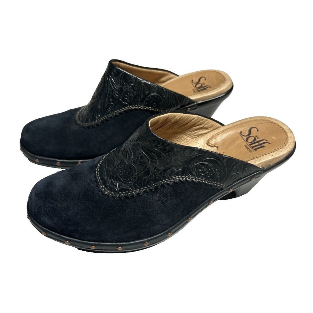 Sofft Slip On Mules Blue Suede Shoes Tooled Studded Clogs Women’s Size 6